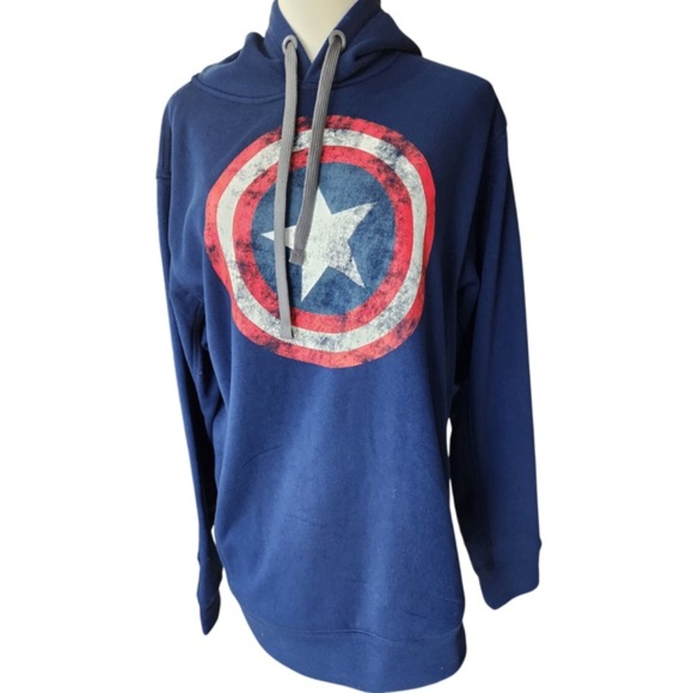 Marvel Captain America Shield Hoodie Navy Blue Pullover Long‎ Sleeve Mens M